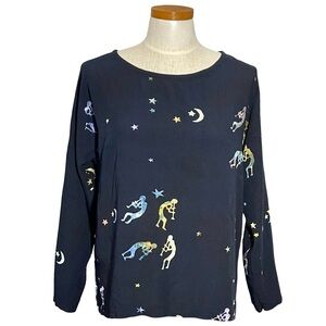 Global Village Long Sleeve Black Batik Celestial Themed Top SzM